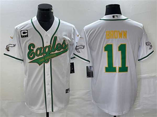 Mens Philadelphia Eagles #11 A. J. Brown White Gold With C Patch Cool Base Baseball Stitched Jersey